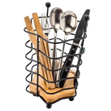 Imagem de Suporte Para Talheres Em Aço Preto Com Base De Madeira Natural Organizador De Talheres Para Cozinha Mesa Posta E Área Gourmet