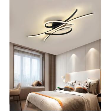 Imagem de Luminária de teto LED moderna, dimerizável, com controle remoto, formato oval, preta e dourada. Ideal para sala de estar, quarto, sala de jantar e cozinha (preta, 80 cm).