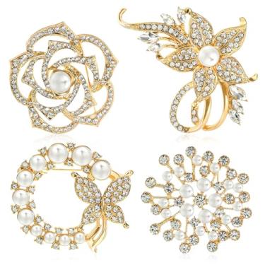 Imagem de 4 broches e alfinetes de pérola de cristal para mulheres, broches brilhantes elegantes para blazer, casaco, cachecol, presente de aniversário de casamento e Natal para mãe, professora, amiga