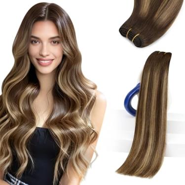 Imagem de Sunny Hair Extensões de cabelo costurado em trama balayage extensões de cabelo humano costurar em extensões raízes marrons para caramelo loiro balayage extensões de trama de cabelo humano curto liso
