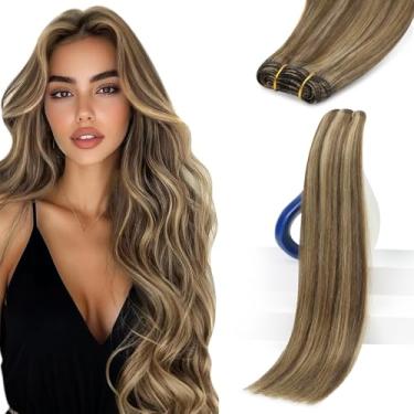 Imagem de Sunny Hair Extensões de Cabelo Costurado, Extensões de Cabelo Curto, Trama de Cabelo Humano, Destaques Marrom Escuro com Loiro Caramelo, 12 Polegadas, Ondulado, Reutilizável, Costurado, Liso