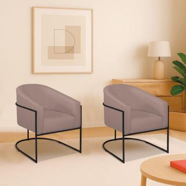 Imagem de Kit 2 Poltronas Decorativa Jade Moderno Escritório Confortável Luxo Base De Ferro Preto Linho Cor Rosê