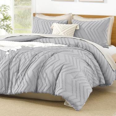 Imagem de Litanika Conjunto de edredom superking, cinza claro, 3 peças, chevron tufado, sólido, conjunto de cama fofa