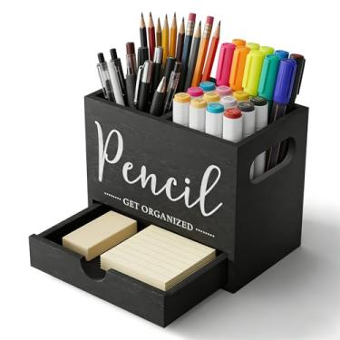 Imagem de First-zgel Suporte de caneta para mesa, organizador de lápis de madeira com gaveta, suporte de marcador com 2 compartimentos, copo de lápis para casa, escritório, sala de aula, material para