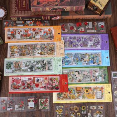 Imagem de Adesivos de scrapbook de 48 folhas, adesivos vintage para álbuns, adesivos de arte de diário de flores naturais, suprimentos vintage de PET à prova d'água para caderno de artesanato DIY