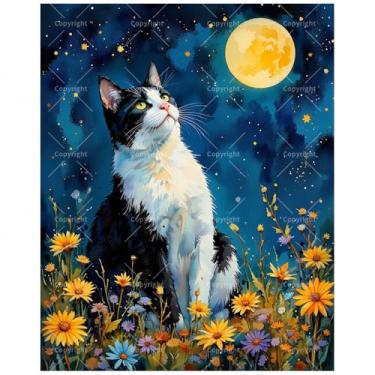 Imagem de TAOPAOLAB Kit de pintura noturna iluminada pela lua por números para adultos - DIY pintura de gato preto e branco em tela 40,6 x 50,8 cm, conjunto de tinta acrílica, adequado para iniciantes, arte