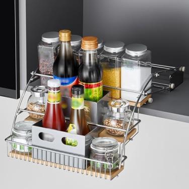Imagem de Prateleira de puxar para baixo de 3 camadas com caixa de alumínio - Organizador retrátil de metal para frascos de temperos e frascos de tempero - Instalação de perfuração/sem furo - Serve para armário