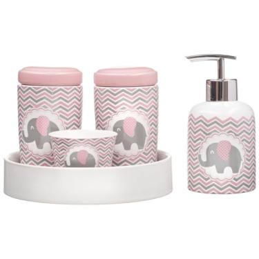 Imagem de Kit Higiene Bebê Porta Algodão Dispenser Líquido Banheiro Quarto Elefante Bb (Rosa)