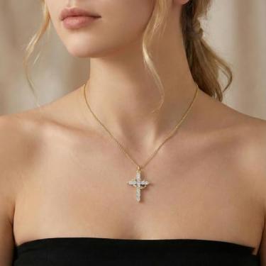Imagem de Colar de cruz de coroa para mulheres - banhado a ouro 14 k/ouro rosa/prata pingente de cruz delicada - joia de fé religiosa - elegante presente de ano novo, colar simples e fofo, 18"+2" extend, Metal