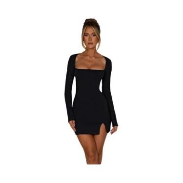 Imagem de Vestido Mini Preto Com Decote Costurado, Manga Longa, Costas Descobert