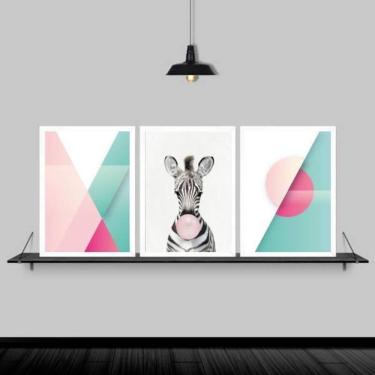 Imagem de Kit 3 Quadros Abstratos Zebra Chiclete 33X24 Moldura Branca