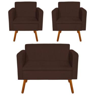 Imagem de Kit 01 Namoradeira e 02 Poltrona Emilia Suede Pés Palito Castanho D'Ro