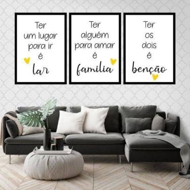 Imagem de Kit 3 Quadros Decorativos Lar Família Benção Amarelo 34x23cm