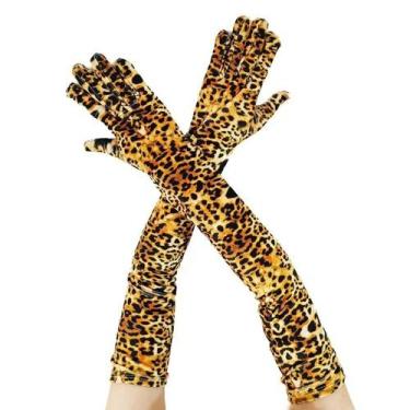 Imagem de Luvas Longas Femininas De Veludo Dourado Com Estampa De Leopardo E Zeb