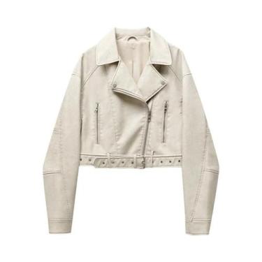 Imagem de Jaqueta Feminina de Couro Lavado Cinza - Casaco Curto com Zíper e Cint