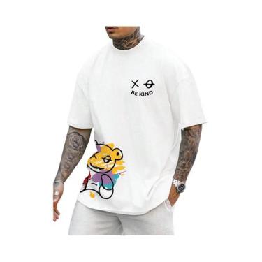 Imagem de Camiseta De Algodão Masculina De Verão, Corte Solto, Gola Redonda, Est