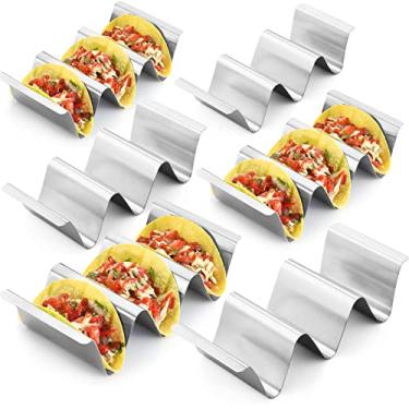 Imagem de Suporte de taco, conjunto de 6 bandejas de tacos de aço inoxidável, suportes estilosos de casco de taco, rack comporta até 3 tacos, cada um mantendo as conchas verticais, material de saúde para tacos da RTT – seguro para forno, grelha e lava-louças