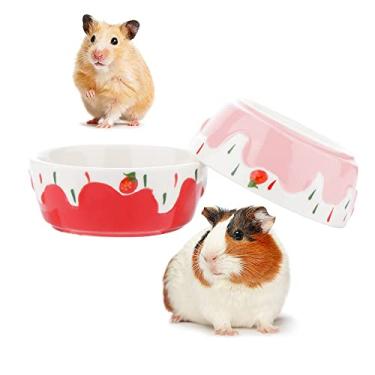 Imagem de 2 peças tigela de cerâmica para hamster, tigela de água para comida anti-virada para animais pequenos para coelho hamster porquinho da índia ouriço esquilo (rosa e vermelho)