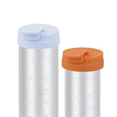 Imagem de Cosmos Tampa fina de silicone para latas de bebidas com tampa protetora para lata fina e skinny, refrigerante, cerveja, bebidas energéticas, suco, seltzer (azul claro (1 peça) + laranja (1 peça))