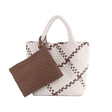 Imagem de Bolsa de mão de tecido de designer + bolsa feminina de neoprene bolsa de mão moderna bolsa de viagem de ombro grande bolsa de compras sob as axilas.Branco