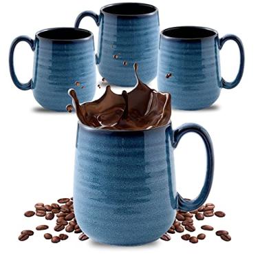 Imagem de Conjunto de 4 canecas de café da Hasense, conjunto de canecas de porcelana de 425 ml com alça para café da manhã chá e cacau, canecas de café de cerâmica com lindo esmalte para homens, mulheres, azul
