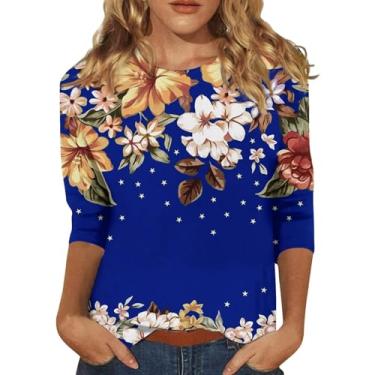 Imagem de Blusa feminina de manga 3/4 com estampa floral para sair 2024 verão casual macia gola redonda túnica solta, Z01 Azul, XXG