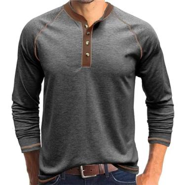 Imagem de Camiseta masculina Henley manga longa térmica Henley Top casual slim fit leve 5 botões camisetas, Cinza-marrom longo, P