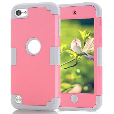 Imagem de Capa para iPod Touch 5 para iPod Touch 6, capa rígida de policarbonato de camada dupla + capa rígida de silicone à prova de choque resistente de alto impacto para Apple iPod Touch 5/6/7ª geração (rosa + cinza claro)