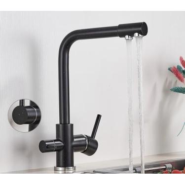 Imagem de Filtro de níquel escovado torneira da cozinha água potável torneira da cozinha deck montado alças duplas misturador de água fria de 3 vias, preto com ponto