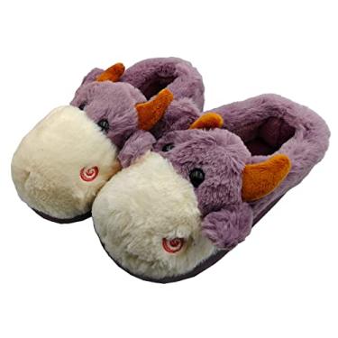 Imagem de Pantufa 3d Vaca infantil Solado De Borracha Bichinho Vaquinha Pelúcia Inverno 1 par Cor:Lilas;Tamanho:26-27BR 20cm