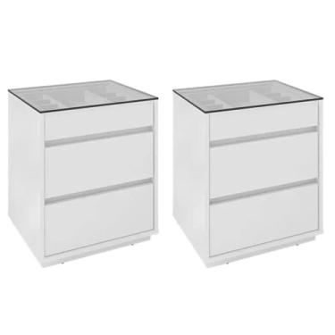 Imagem de Kit 2 Mesas de Cabeceira 3 Gavetas com Organizador Tampo Vidro Belize Branco