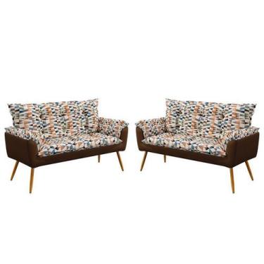 Imagem de Kit 2 Poltronas Namoradeira Opala Suede Estampado Laranja com Marrom A