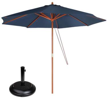 Imagem de Kit Ombrelone Madeira Guarda Sol 3M Azul Sombreiro Piscina Jardim Base