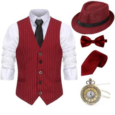 Imagem de Gionforsy Acessórios de colete masculinos anos 20, estilo Gatsby Gangster, conjunto de acessórios para fantasia anos 20, chapéu, suspensórios, gravata borboleta, relógio de bolso vintage, Listrado Winered, Medium