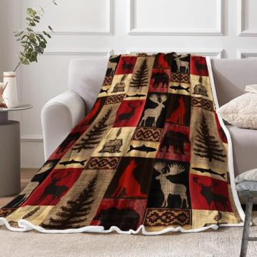 Imagem de Cobertores rústicos de cabana, cobertor de sofá aconchegante de madeira de alce de urso vintage rústico, cobertor de sofá quente para campo, caça, acampamento, floresta, branco, flanela, para decorar