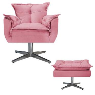 Imagem de Kit Poltrona e Puff Zatti Base Giratória de Metal Suede Rosa Bebê - DA
