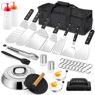 Imagem de Leonyo Kit de Acessórios para Grelha de 29 Peças, Conjunto de Espátulas Planas para Teppanyaki com Espátulas Ampliadas, Cúpula de Derretimento E Prensa para Hambúrguer, Ferramentas Profissionais de Aç