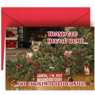 Imagem de Cartão de Natal HiFuler Cat - Cartões de Natal engraçados de gato de 12,7 cm x 18 cm com envelopes, cartões de felicitações de Natal para gatos, presentes de Natal exclusivos para gatos, presentes de