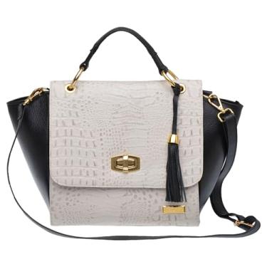 Imagem de Bolsa de Mão Estruturada Couro Cloe Sifra (FLOTER PRETO/CROCO OFF WHITE)