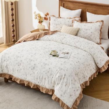 Imagem de PlushVibes Conjunto de edredom King floral, 100% algodão escovado, marrom, branco, chique, 3 peças, edredom king, leve, quente, reversível, elegante, quente, para meninas, 228 x 264 cm