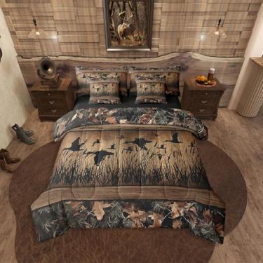 Imagem de Erosebridal Conjunto de edredom de 7 peças de pato selvagem camuflado com lençol para crianças, meninos, homens, rústico, cabana de fazenda, em uma bolsa, para caça, pato da floresta