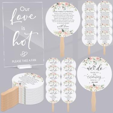 Imagem de Fumete 101 peças de leque de casamento para convidados incluído acrílico Love is Hot placa de mesa 100 leques de papel de mão de casamento com alça de madeira, ideal para lembrancinha de casamento,