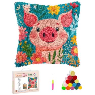 Imagem de Kits de travesseiro de gancho de trinco DIY fofo desenho animado porco em flores estampado à mão fronha de crochê fio gancho e trinco emboridery capa de almofada para decoração de sofá de casa 43 x 43