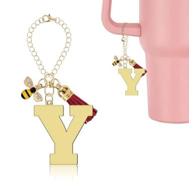 Imagem de Lukiisoo Acessórios de pingente de letra dourada para Stanley Cup, chaveiro inicial de monograma com borla vermelha, pingentes de abelha amarela para acessórios de garrafa de água, correntes