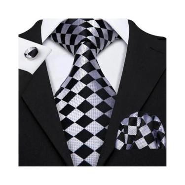 Imagem de Conjunto de Gravata e Abutões Masculinos - Seda Jacquard Preto, Branco