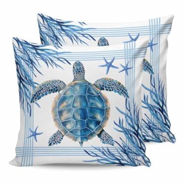 Imagem de Capa de almofada impermeável ao ar livre verão tartaruga costeira estrelas do mar almofadas decorativas capas de almofada linha gradiente de grama do mar pacote com 2 fronhas para pátio, jardim