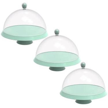 Imagem de Kit 3 Porta Bolos 25cm Verde Menta com Cúpula e Pé Bubble Crippa Tortas Doces Boleira