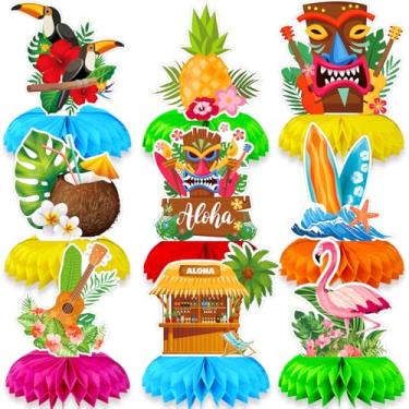 Imagem de 9 peças de decoração de mesa de centro de favo de mel – enfeites de mesa decorativos de festa para eventos temáticos, feriados e celebrações (luau havaiano)