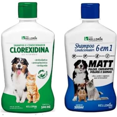 Imagem de Kit Shampoo Condicionador Clorexidina 500ml + Shampoo Condicionador 6 em 1 Matt - Kelldrin - Para Cães e Gatos – Cuidados com a Pele e Pelagem