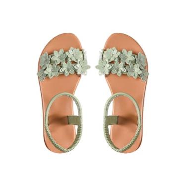 Imagem de Verdusa Sandálias femininas de verão com flor de couro e tira no tornozelo, Verde saga, 37 BR